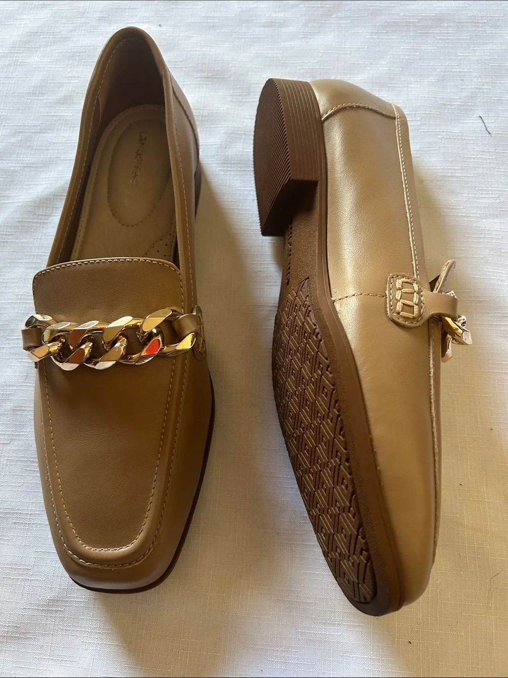 Lands' End Tan Loafers with Gold Chain Trim